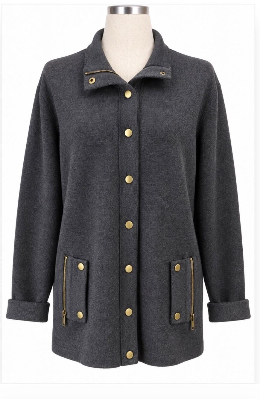 WORTH Wool Knit Jacket Gray Gold Snap Zip Pockets Oversized Cardigan Coat XL
